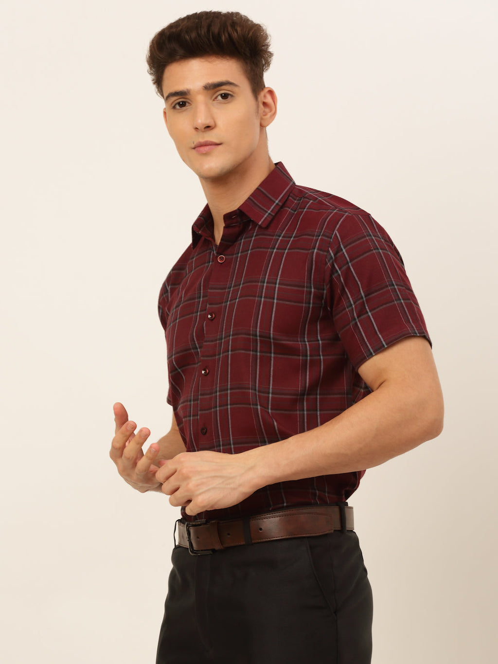Jainish Men's Cotton Checked Formal Shirts - Maroon | Grocsy
