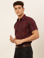 Jainish Men's Cotton Checked Formal Shirts - Maroon | Grocsy