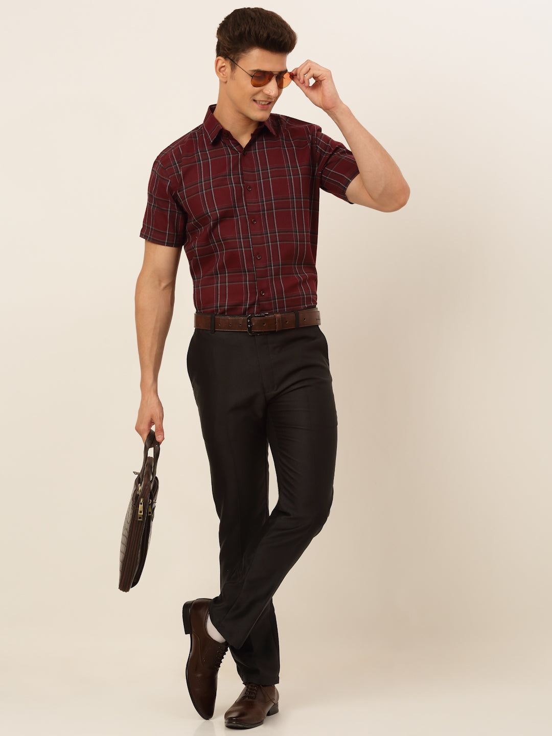 Jainish Men's Cotton Checked Formal Shirts - Maroon | Grocsy