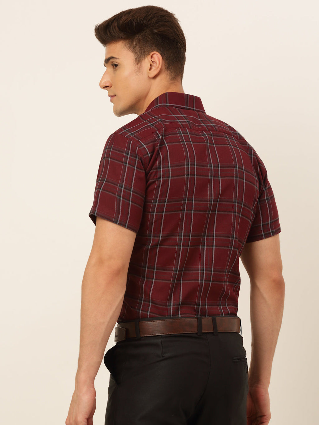 Jainish Men's Cotton Checked Formal Shirts - Maroon | Grocsy
