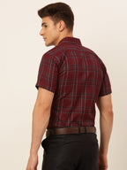 Jainish Men's Cotton Checked Formal Shirts - Maroon | Grocsy