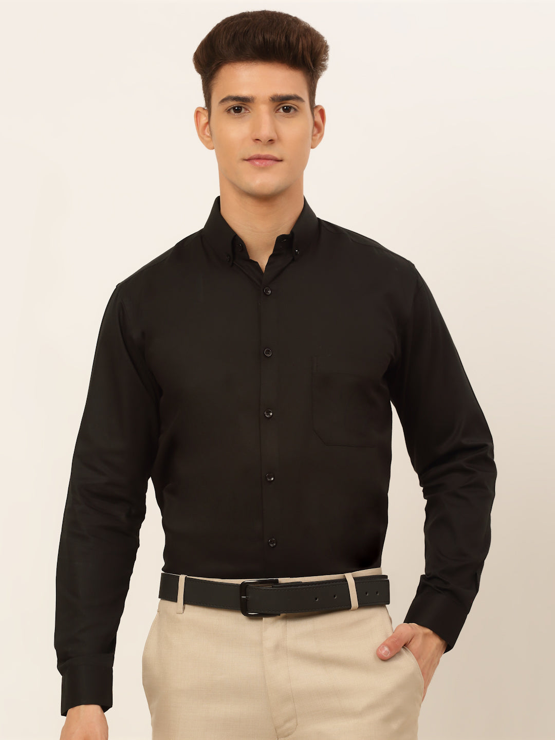 Jainish Men's Cotton Solid Formal Shirt - Black | Grocsy