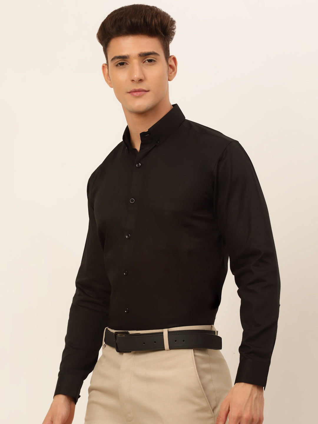 Jainish Men's Cotton Solid Formal Shirt - Black | Grocsy