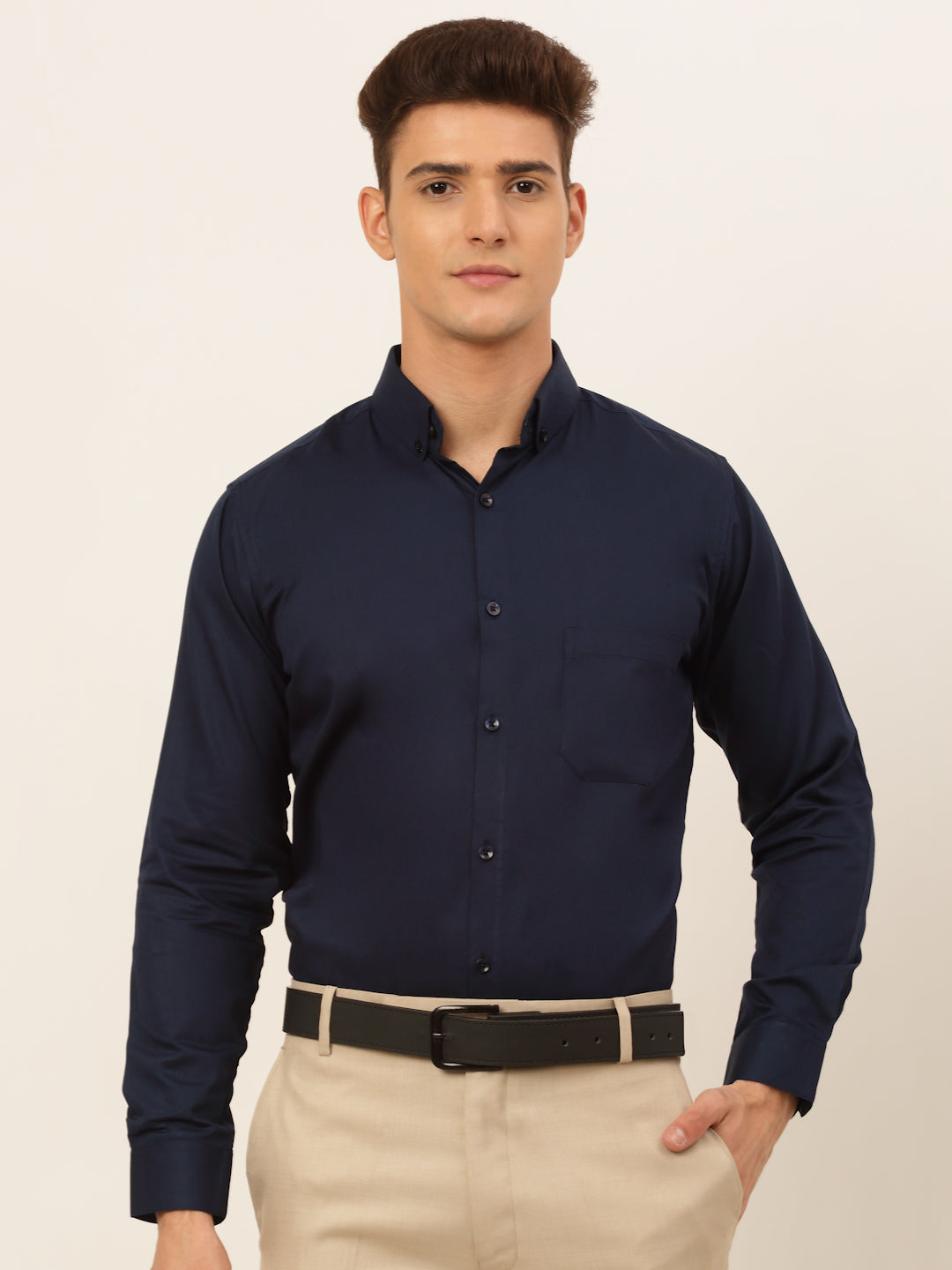 Jainish Men's Cotton Solid Formal Shirt - Navy Blue | Grocsy