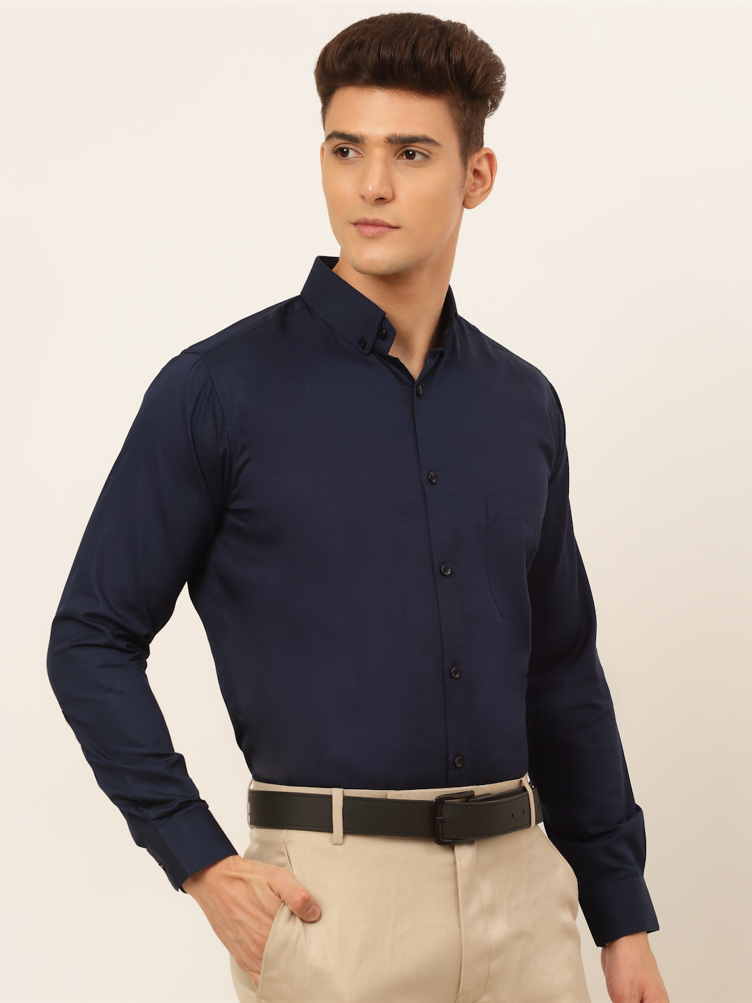 Jainish Men's Cotton Solid Formal Shirt - Navy Blue | Grocsy