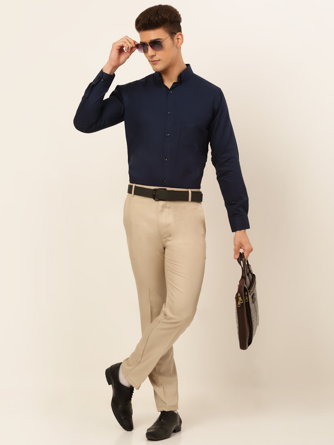 Jainish Men's Cotton Solid Formal Shirt - Navy Blue | Grocsy