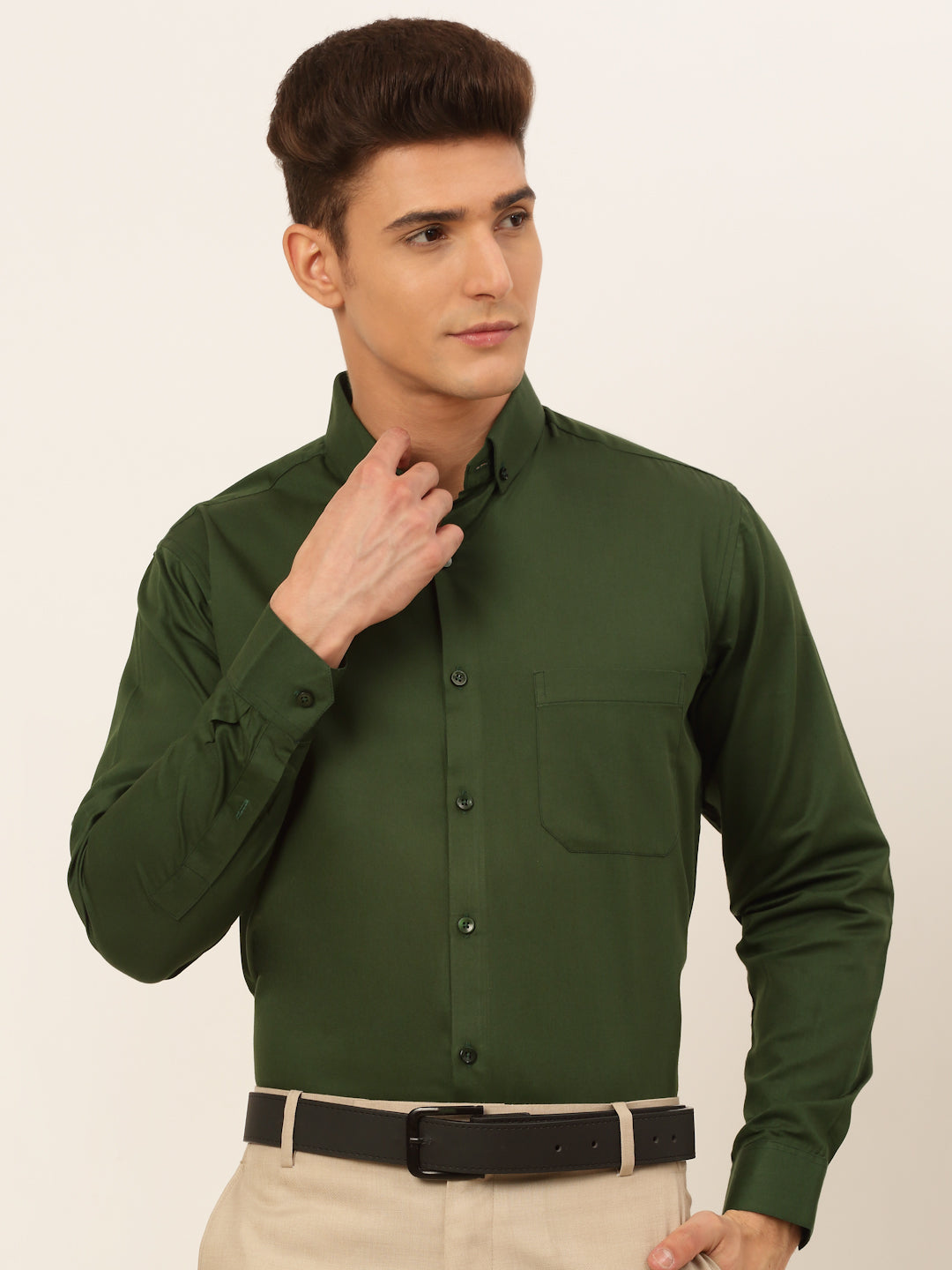 Jainish Men's Cotton Solid Formal Shirt - Olive | Grocsy