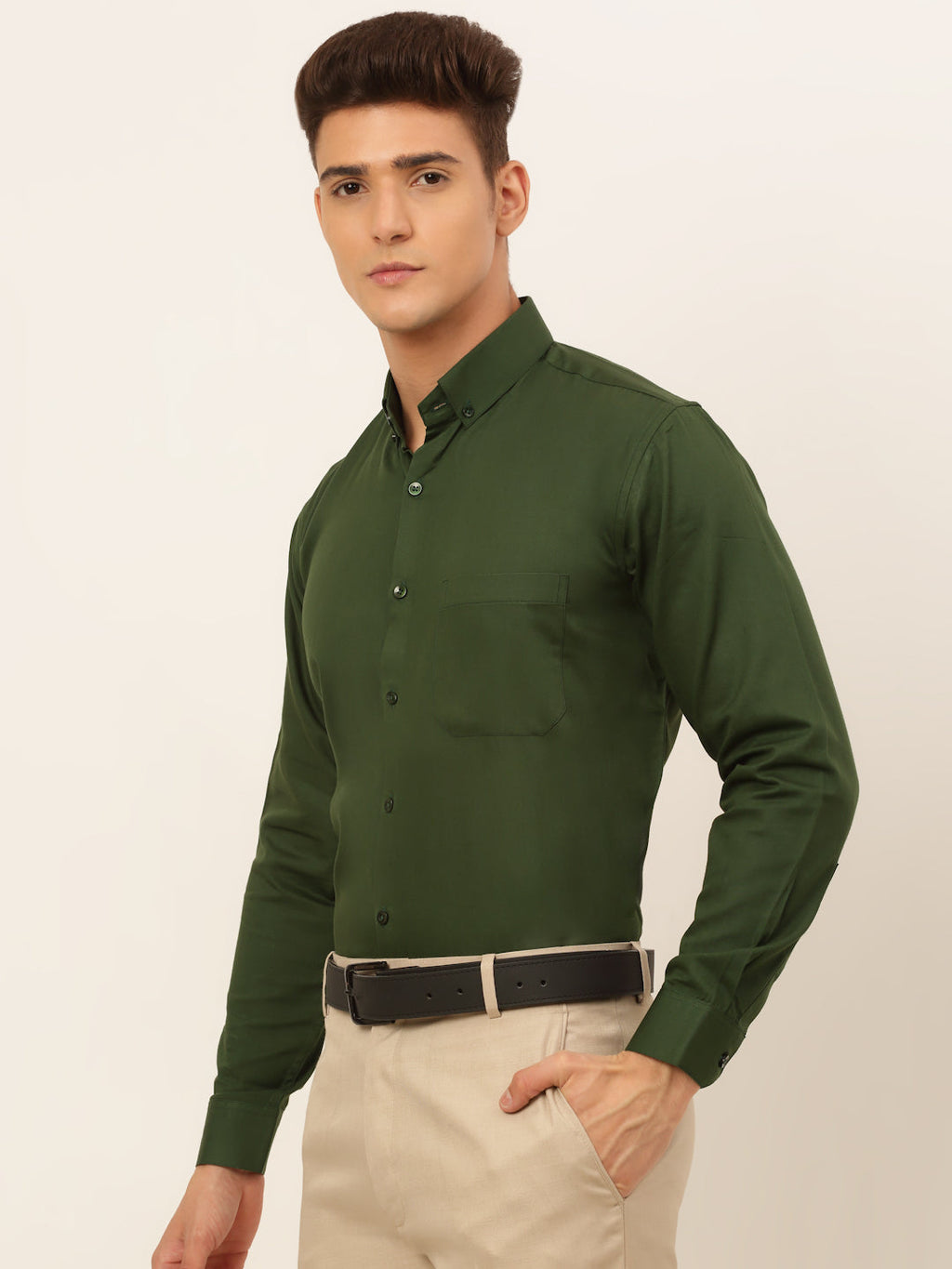 Jainish Men's Cotton Solid Formal Shirt - Olive | Grocsy