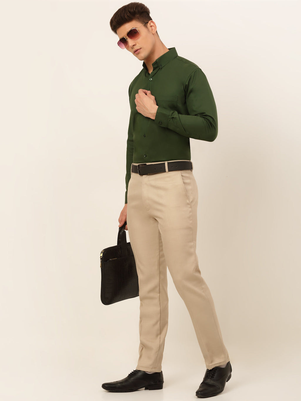 Jainish Men's Cotton Solid Formal Shirt - Olive | Grocsy