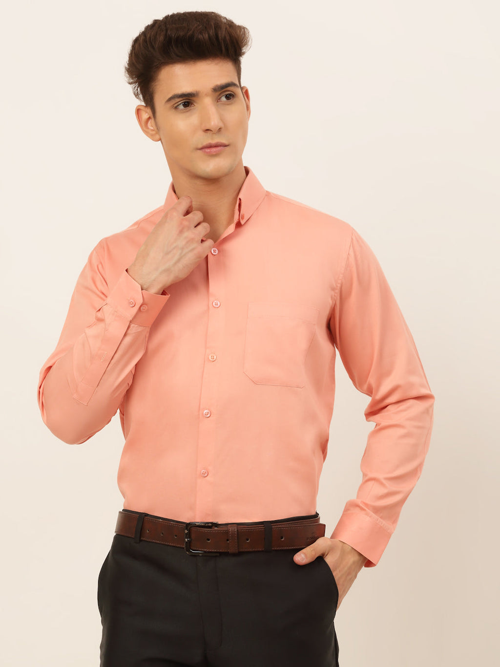 Jainish Men's Cotton Solid Formal Shirt - Peach | Grocsy