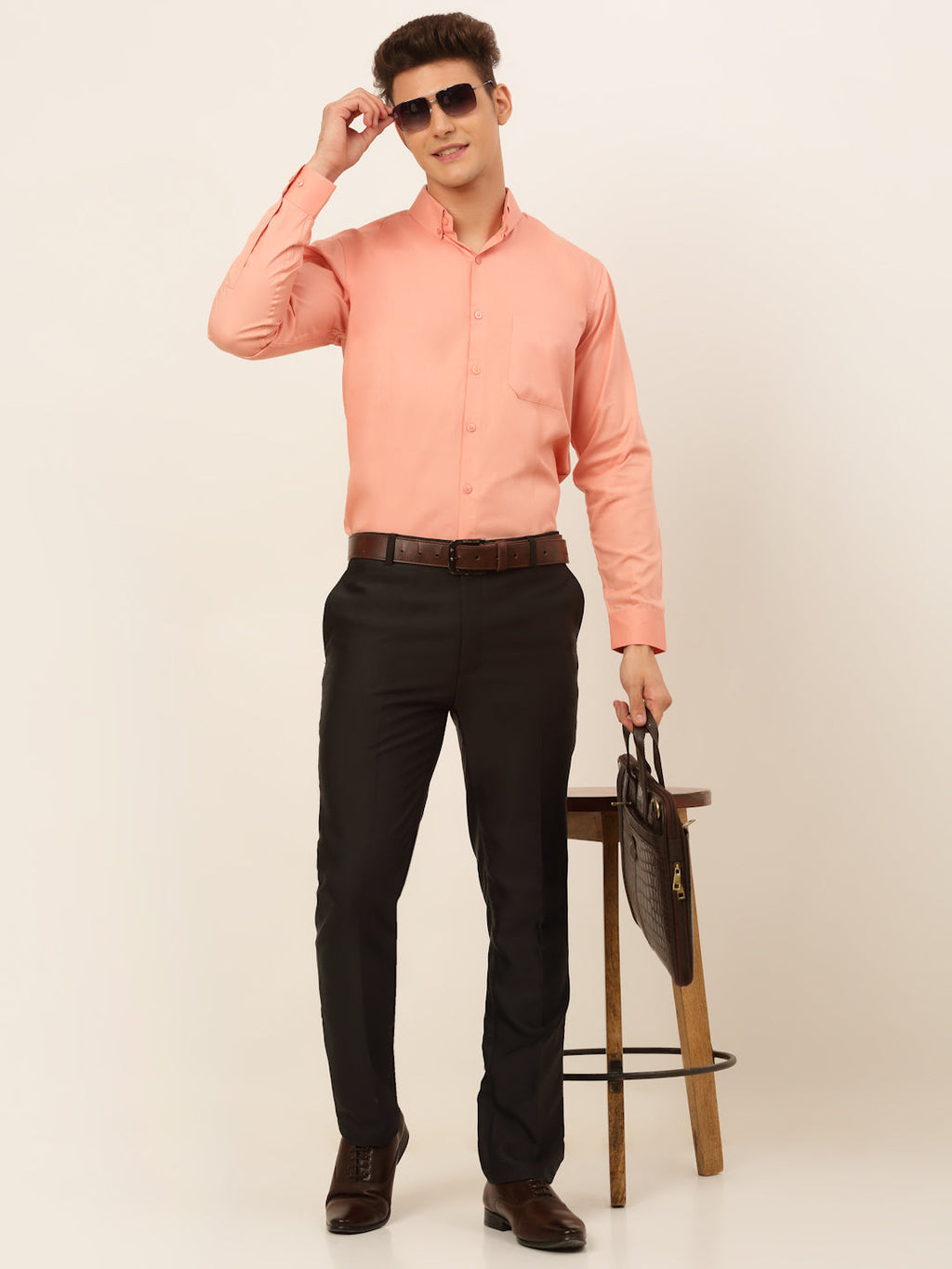Jainish Men's Cotton Solid Formal Shirt - Peach | Grocsy