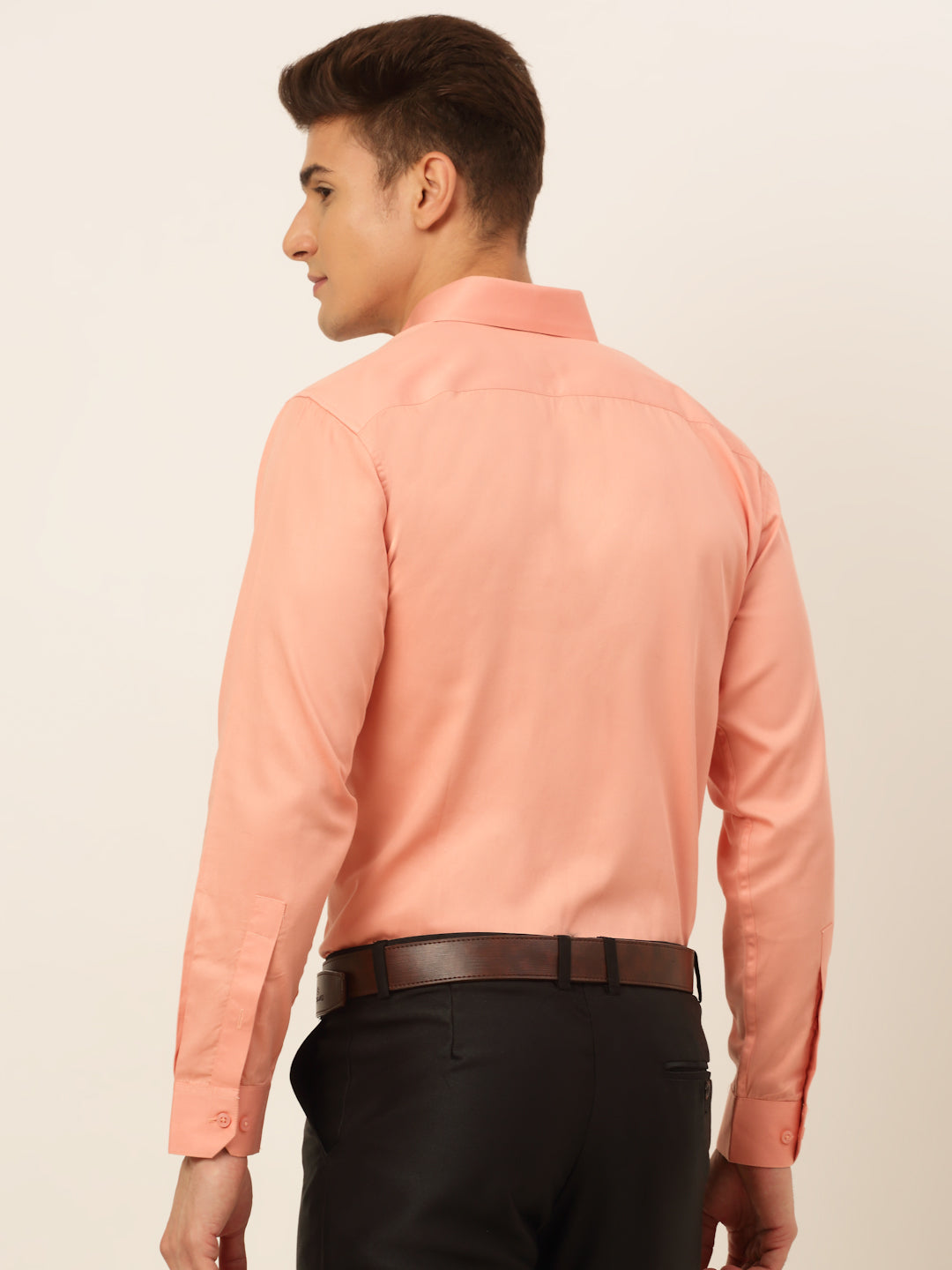 Jainish Men's Cotton Solid Formal Shirt - Peach | Grocsy