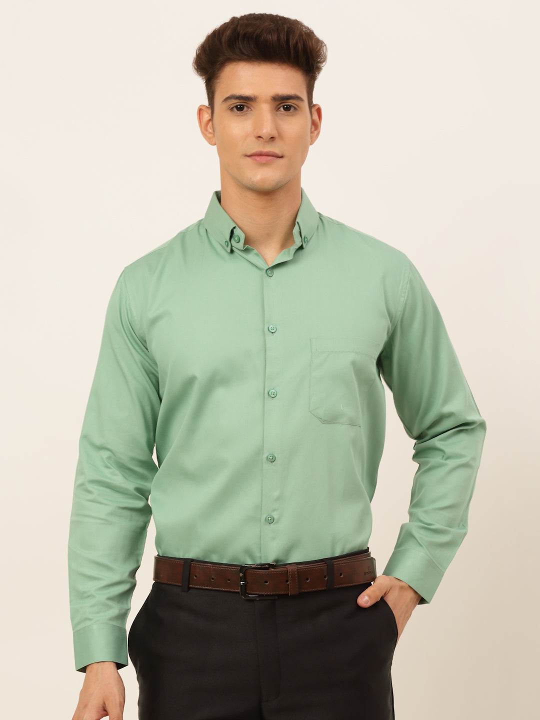 Jainish Men's Cotton Solid Formal Shirt - Pista | Grocsy