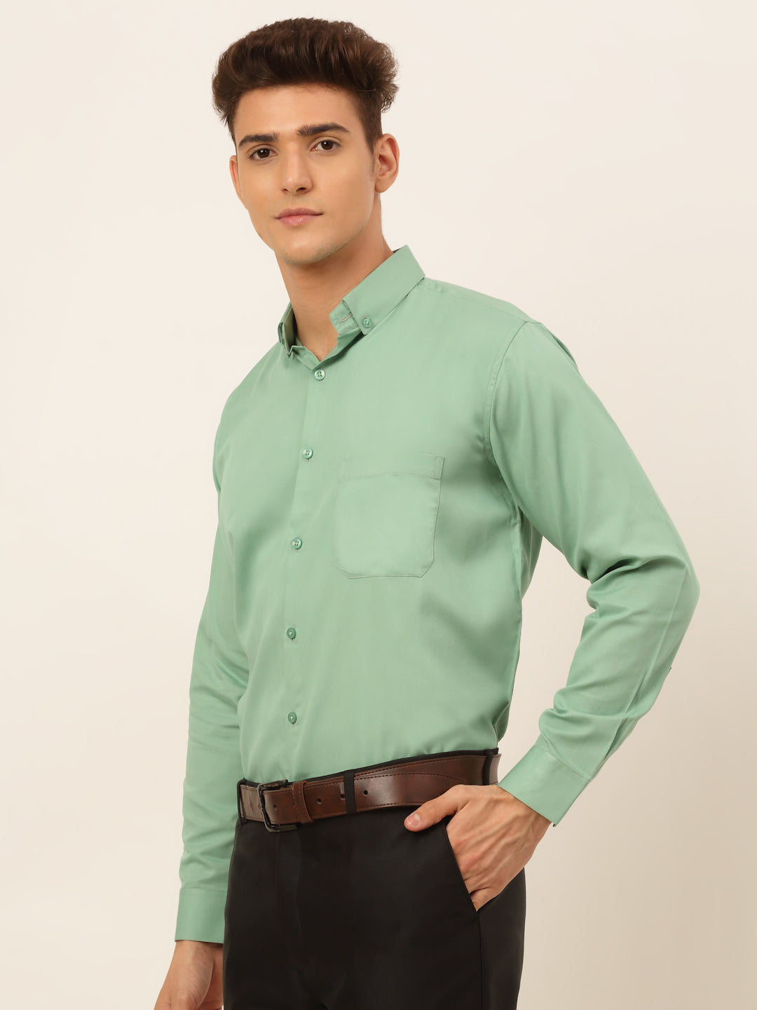 Jainish Men's Cotton Solid Formal Shirt - Pista | Grocsy