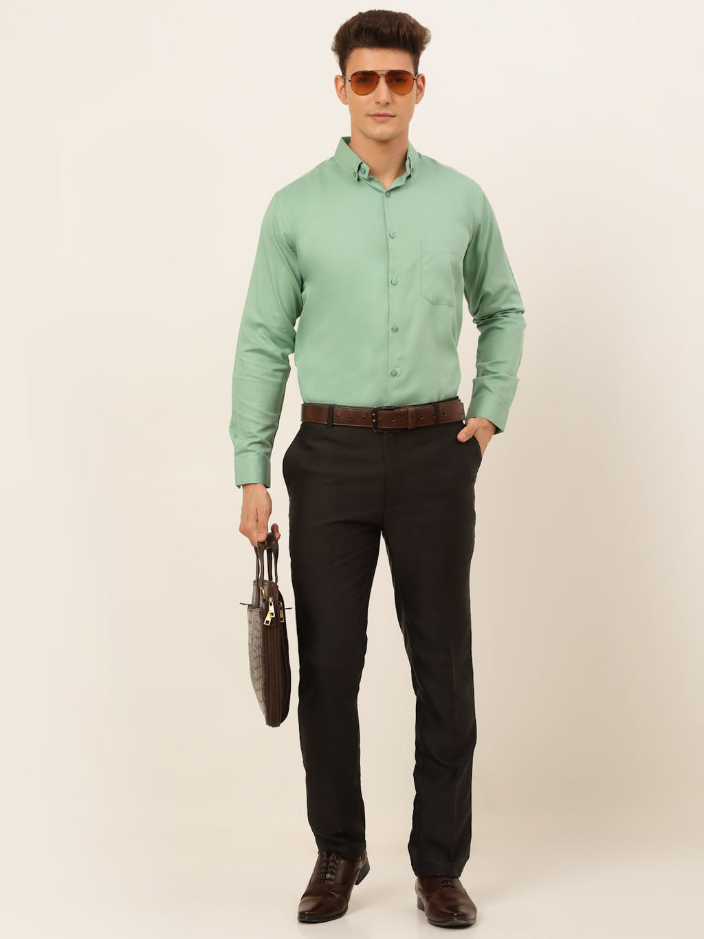 Jainish Men's Cotton Solid Formal Shirt - Pista | Grocsy