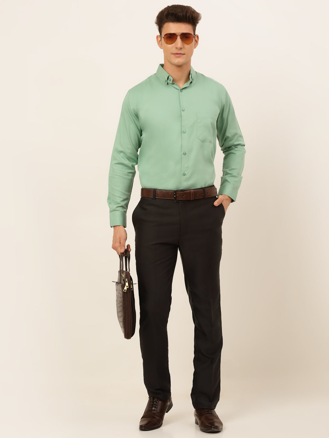 Jainish Men's Cotton Solid Formal Shirt - Pista | Grocsy