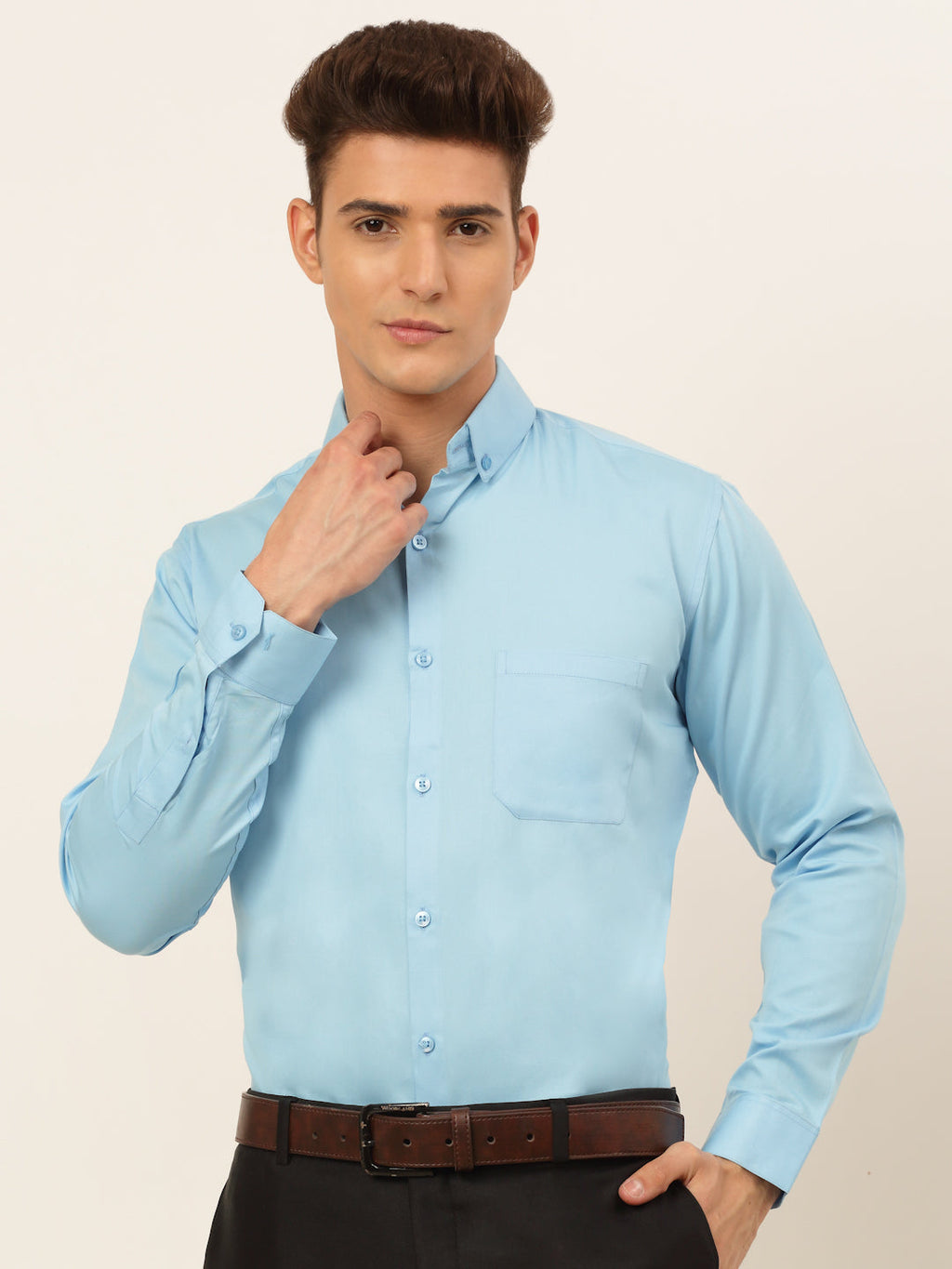 Jainish Men's Cotton Solid Formal Shirt - Sky Blue | Grocsy