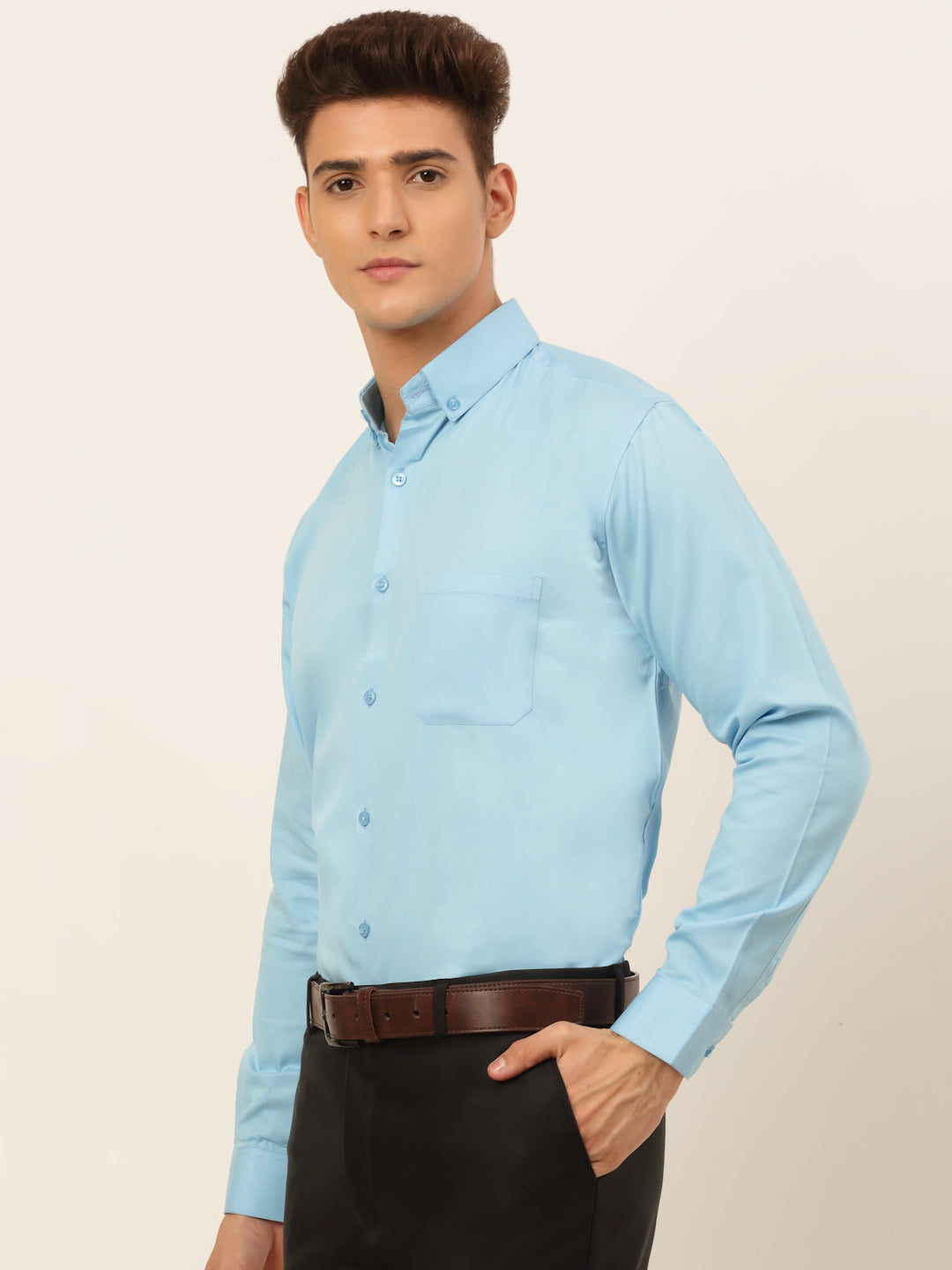 Jainish Men's Cotton Solid Formal Shirt - Sky Blue | Grocsy