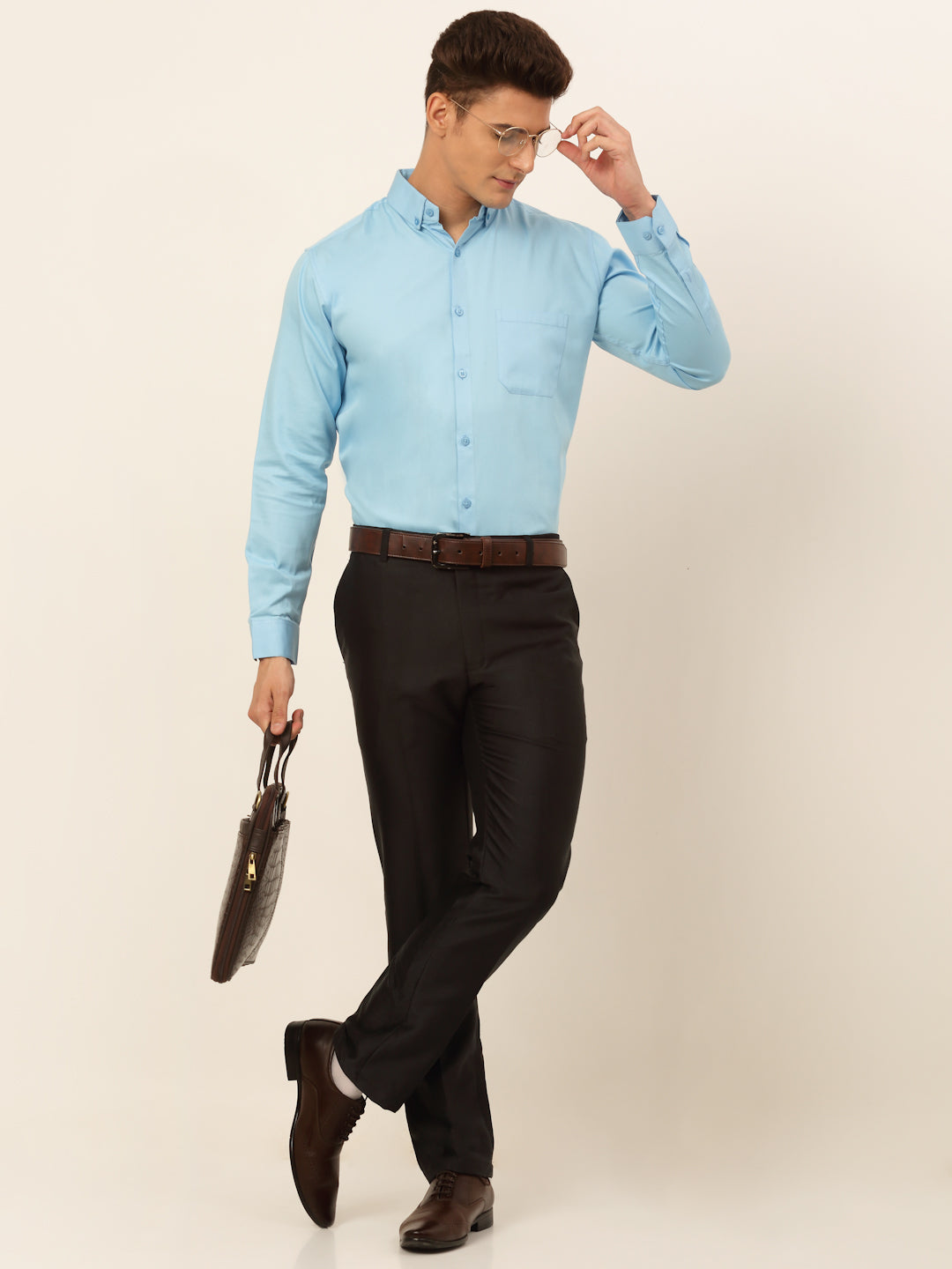 Jainish Men's Cotton Solid Formal Shirt - Sky Blue | Grocsy