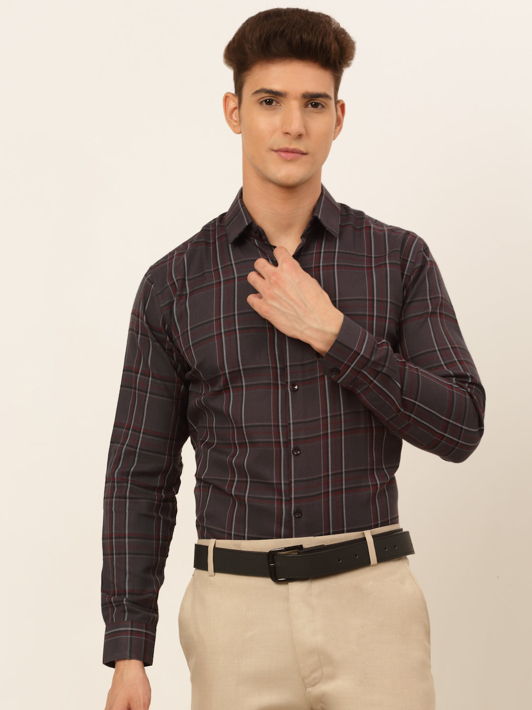 Jainish Men's Cotton Checked Formal Shirts - Brown | Grocsy