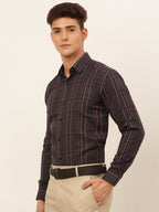 Jainish Men's Cotton Checked Formal Shirts - Brown | Grocsy