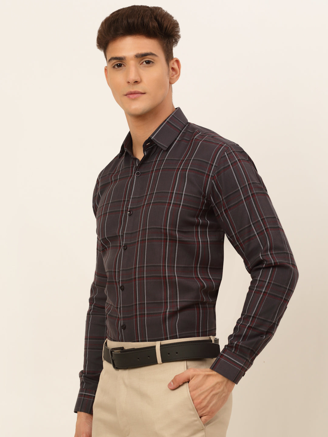 Jainish Men's Cotton Checked Formal Shirts - Brown | Grocsy