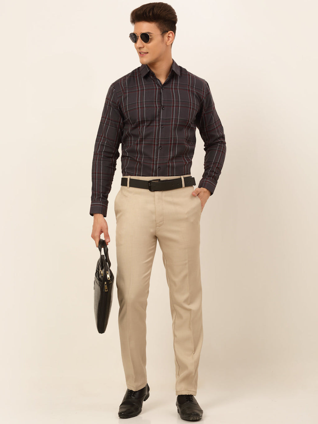 Jainish Men's Cotton Checked Formal Shirts - Brown | Grocsy
