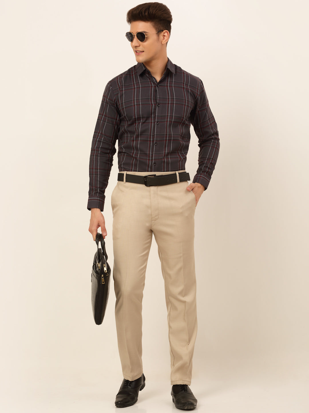 Jainish Men's Cotton Checked Formal Shirts - Brown | Grocsy