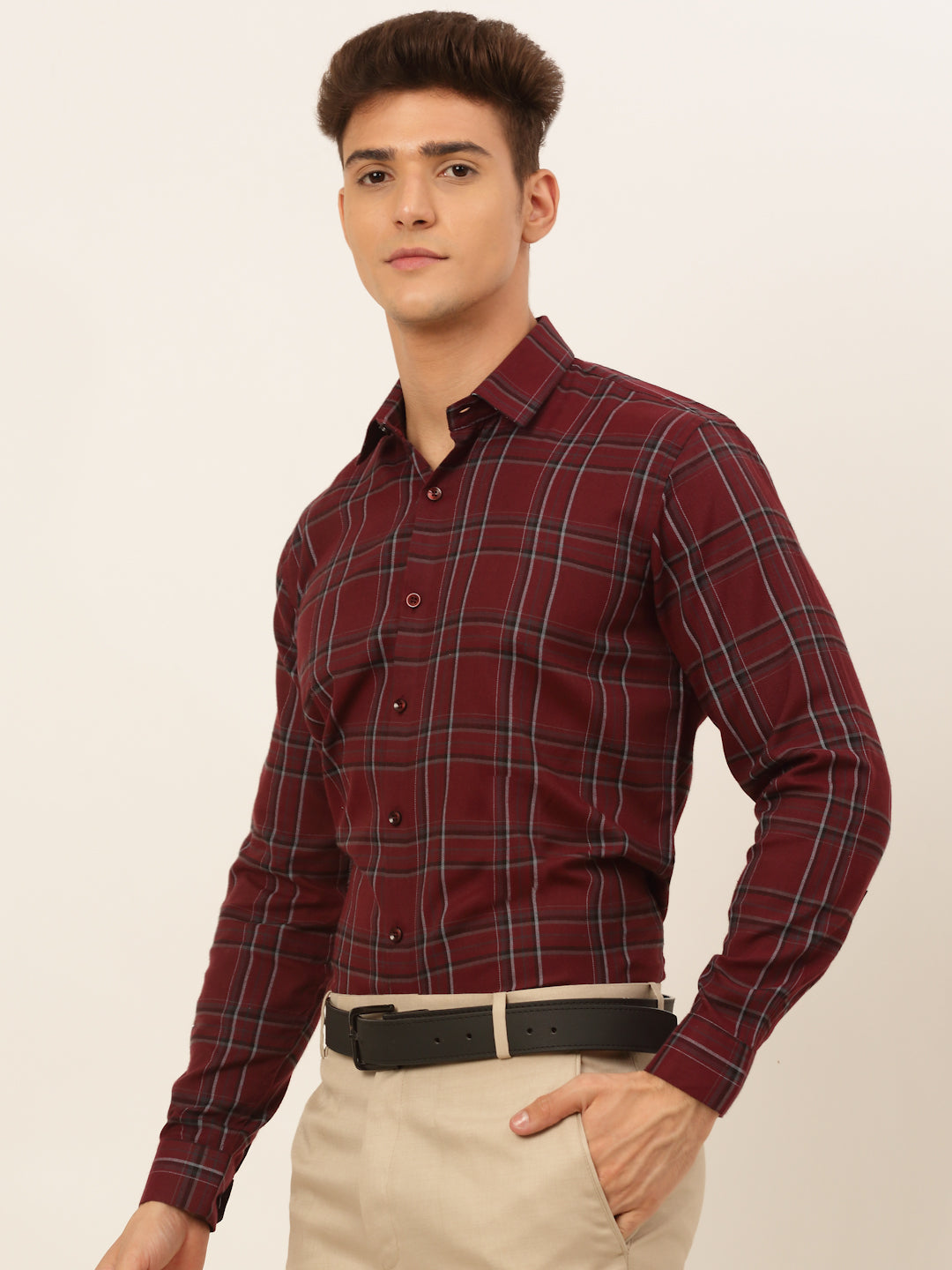 Jainish Men's Cotton Checked Formal Shirts - Maroon | Grocsy