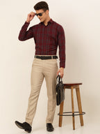 Jainish Men's Cotton Checked Formal Shirts - Maroon | Grocsy