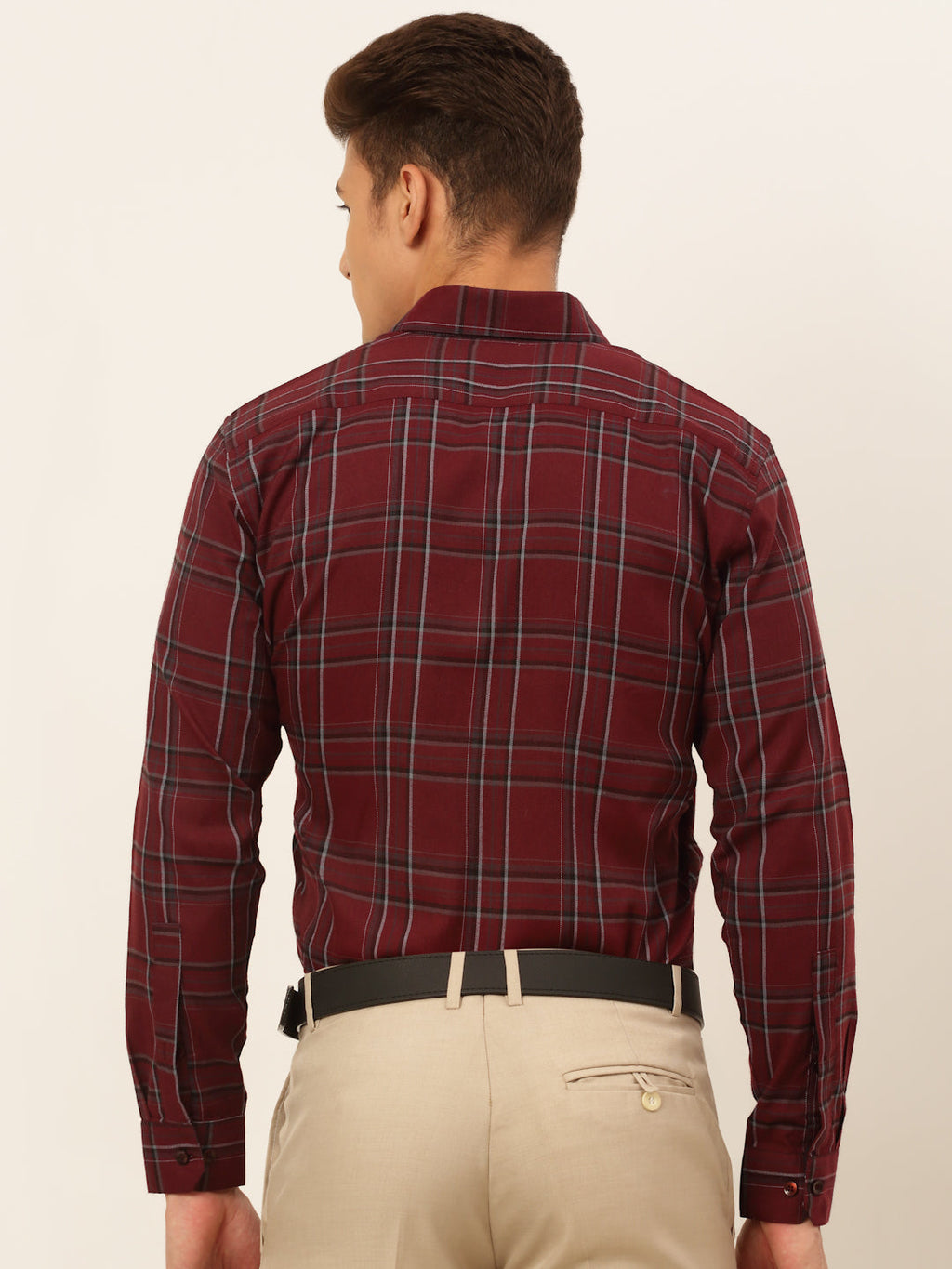 Jainish Men's Cotton Checked Formal Shirts - Maroon | Grocsy