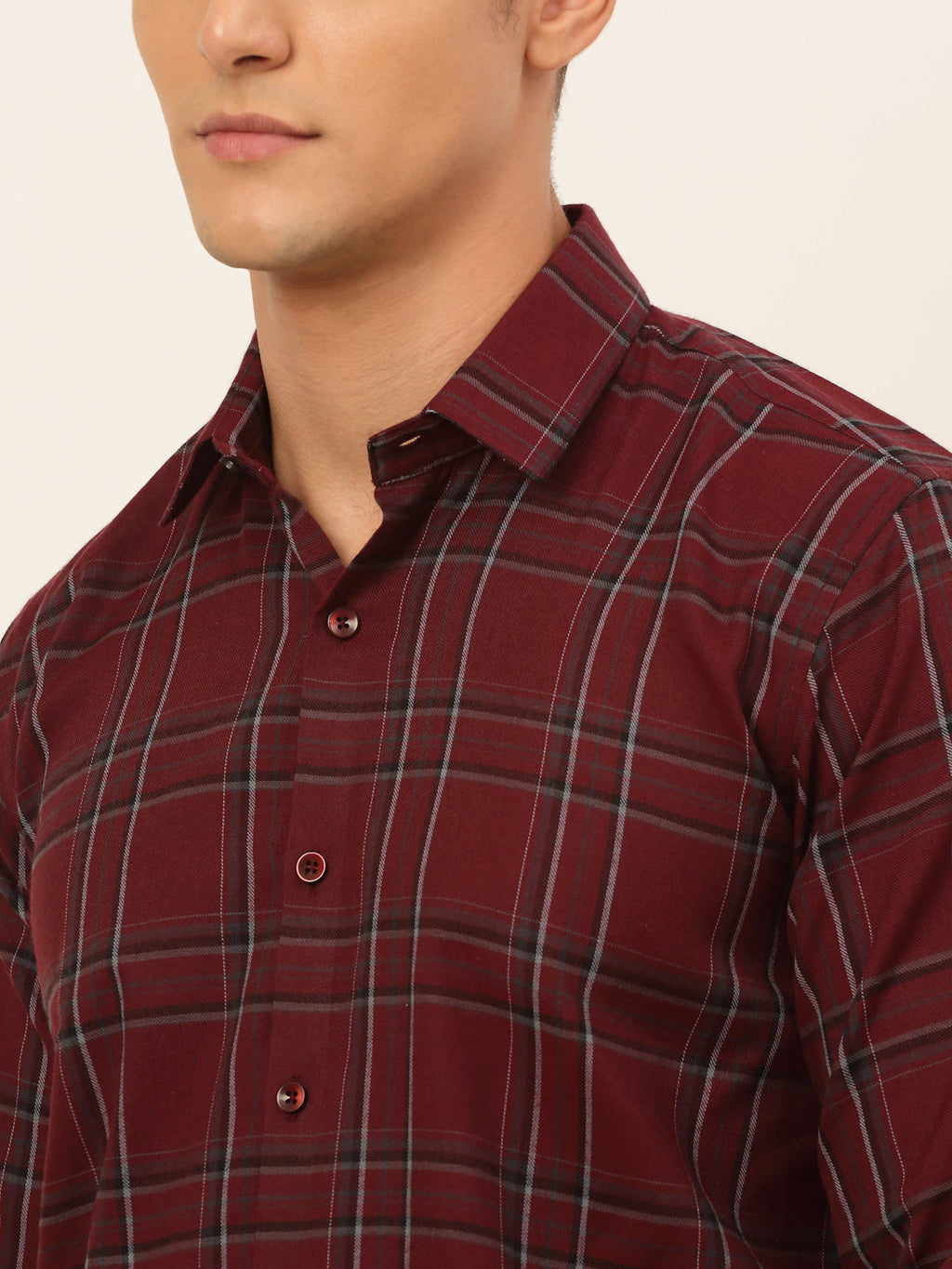 Jainish Men's Cotton Checked Formal Shirts - Maroon | Grocsy
