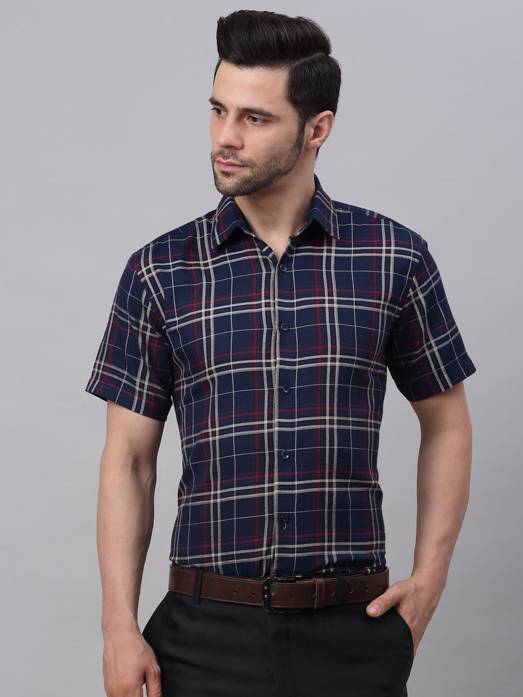 Jainish Men's Navy Half Sleeve Checked Formal Shirt | Grocsy