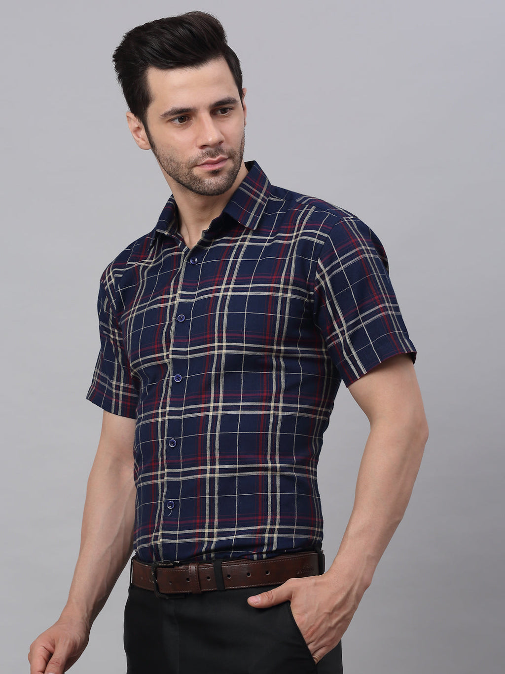Jainish Men's Navy Half Sleeve Checked Formal Shirt | Grocsy