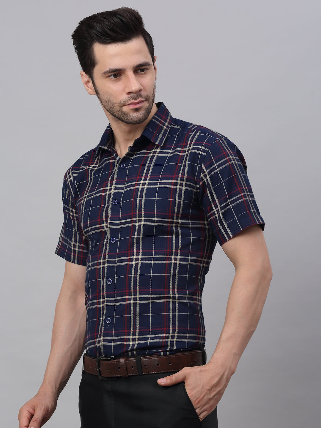 Jainish Men's Navy Half Sleeve Checked Formal Shirt | Grocsy