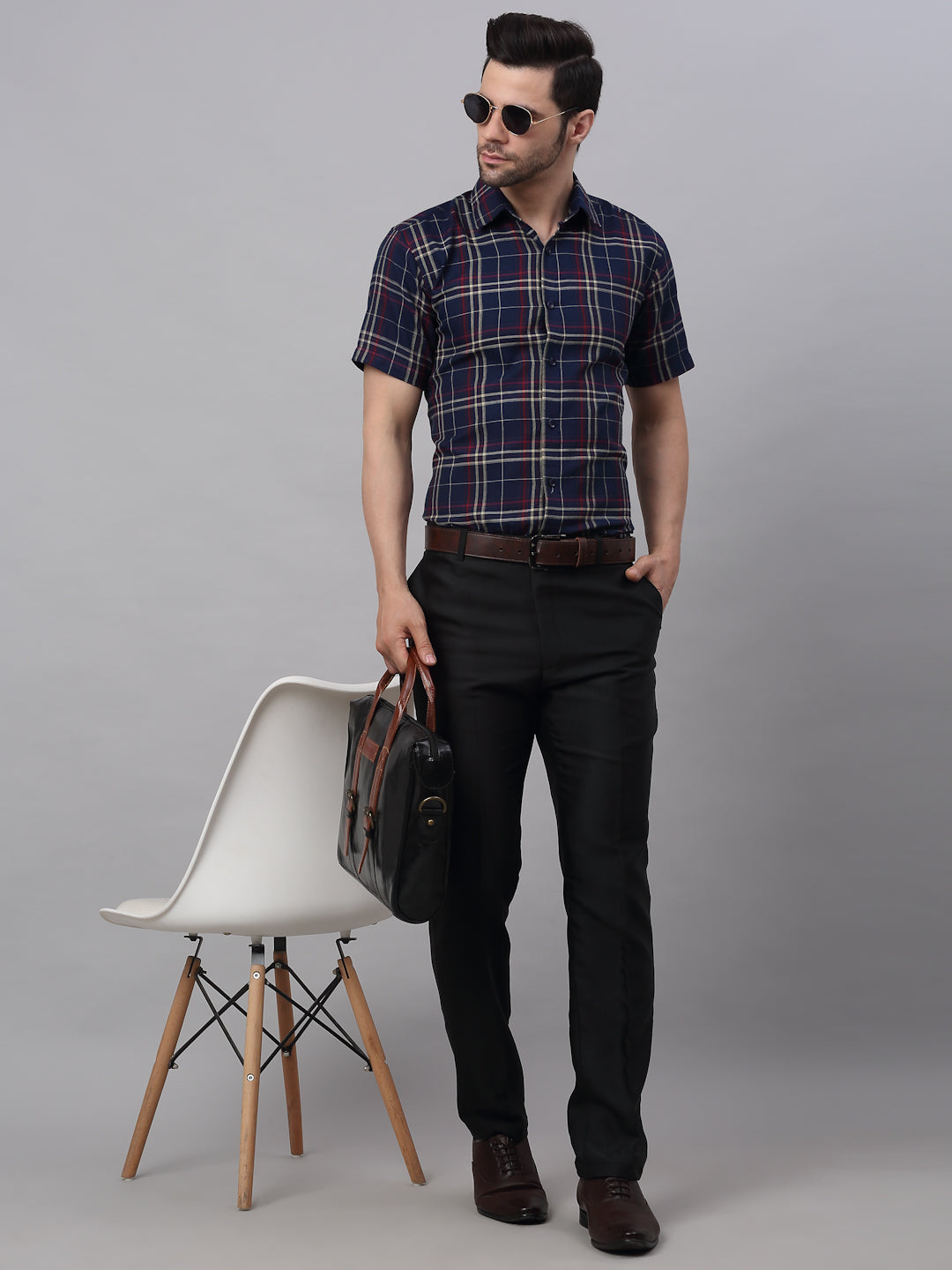 Jainish Men's Navy Half Sleeve Checked Formal Shirt | Grocsy