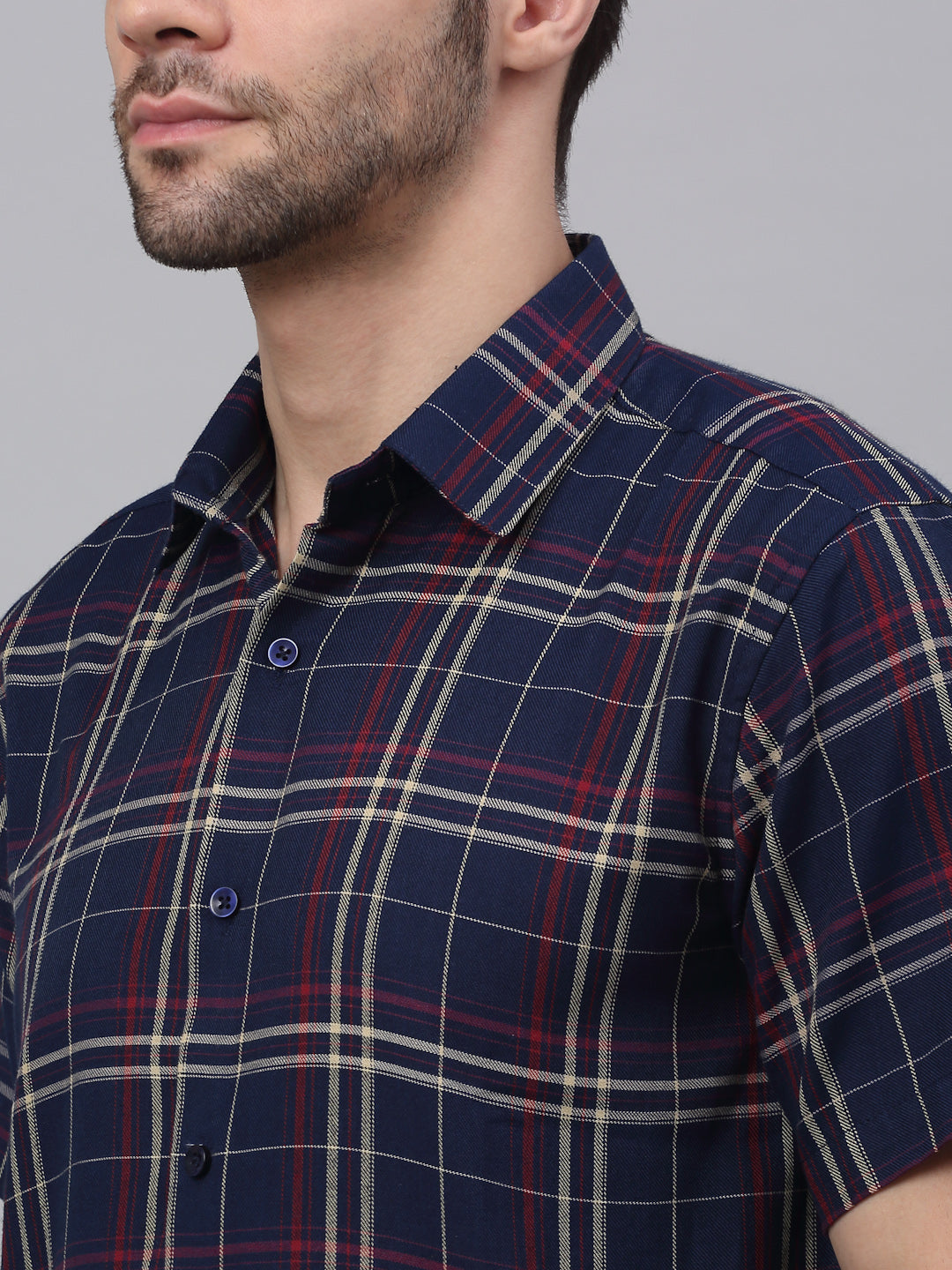 Jainish Men's Navy Half Sleeve Checked Formal Shirt | Grocsy