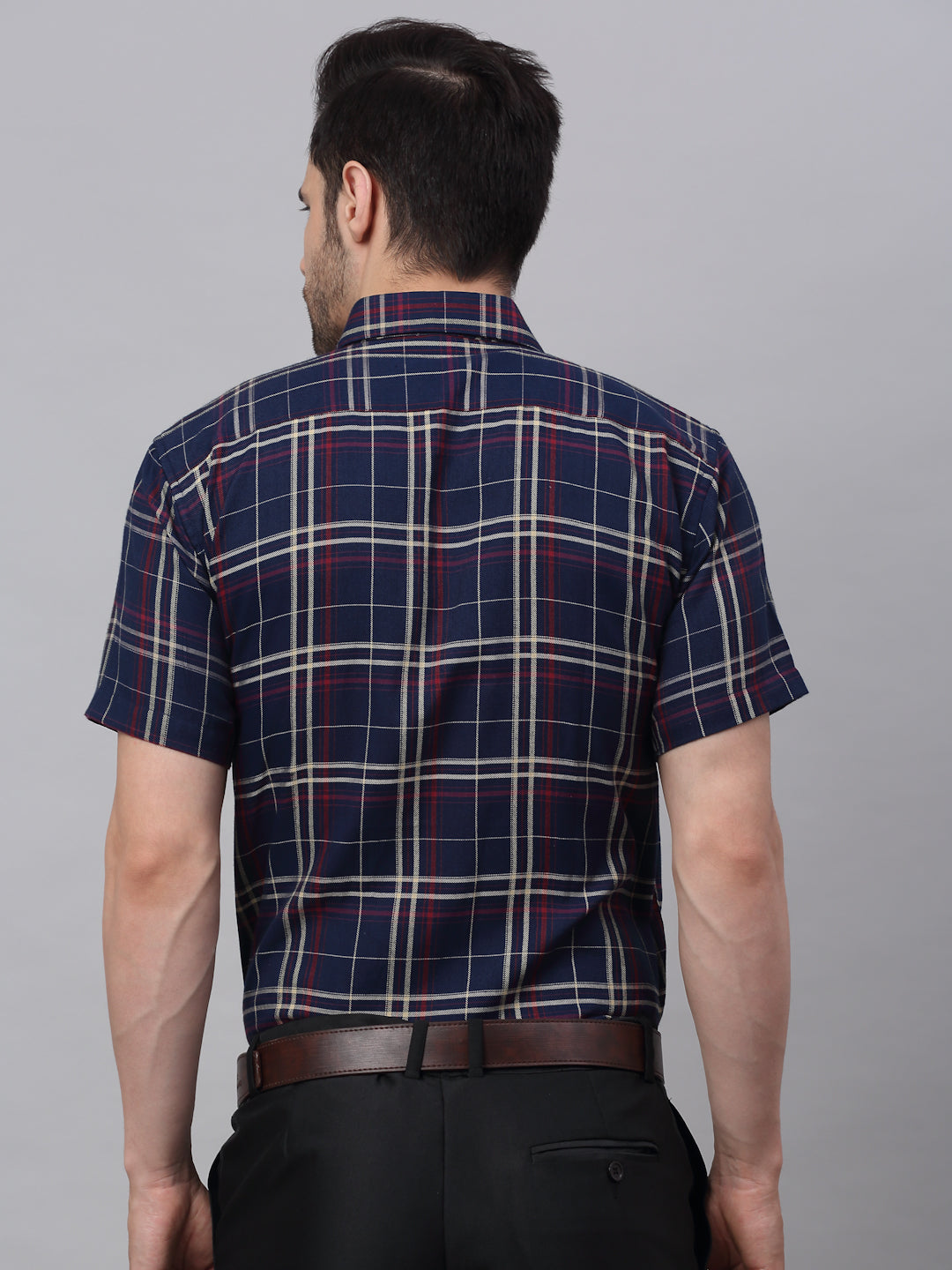 Jainish Men's Navy Half Sleeve Checked Formal Shirt | Grocsy