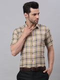 Jainish Men's Beige Half Sleeve Checked Formal Shirt | Grocsy