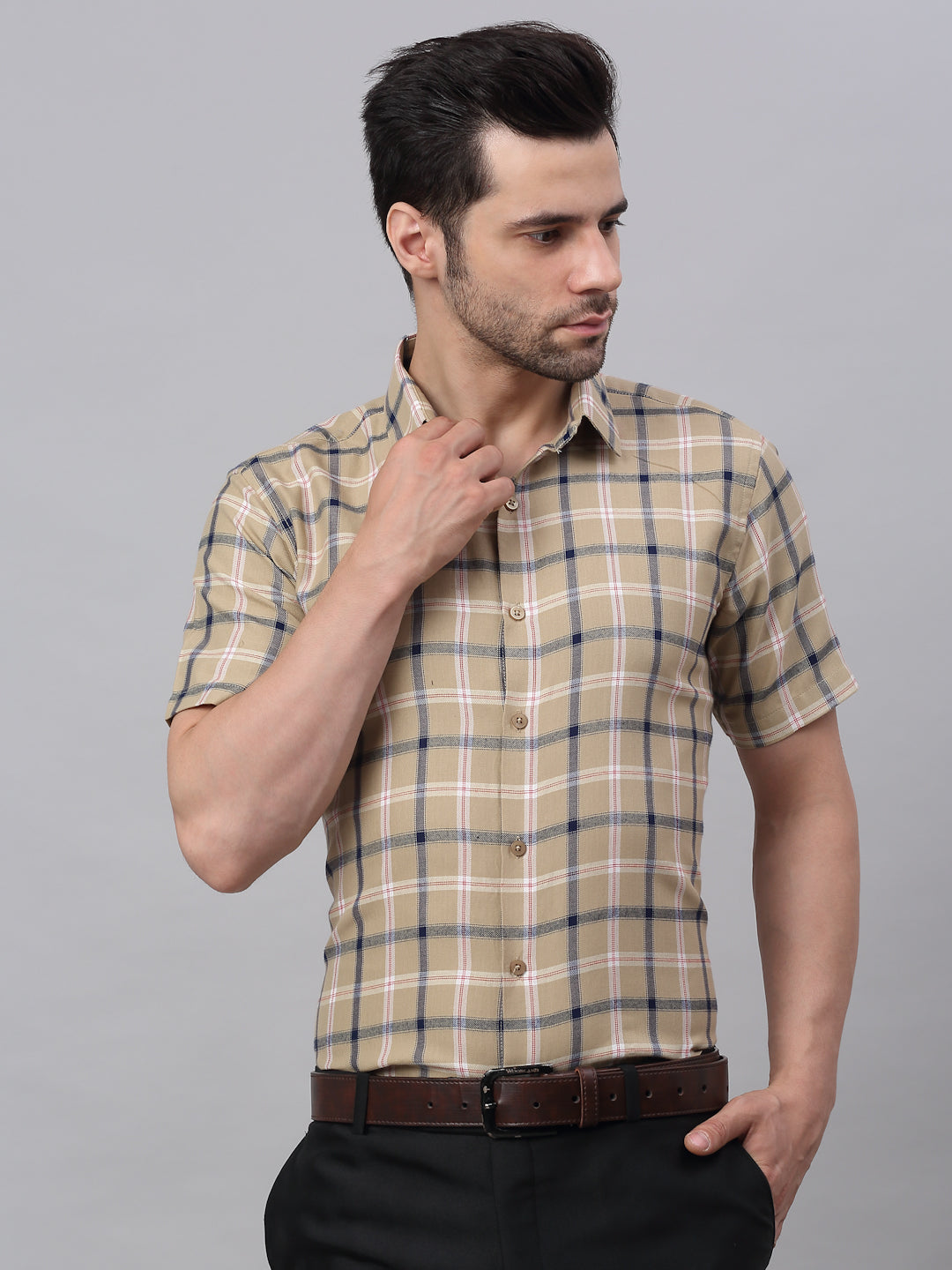 Jainish Men's Beige Half Sleeve Checked Formal Shirt | Grocsy