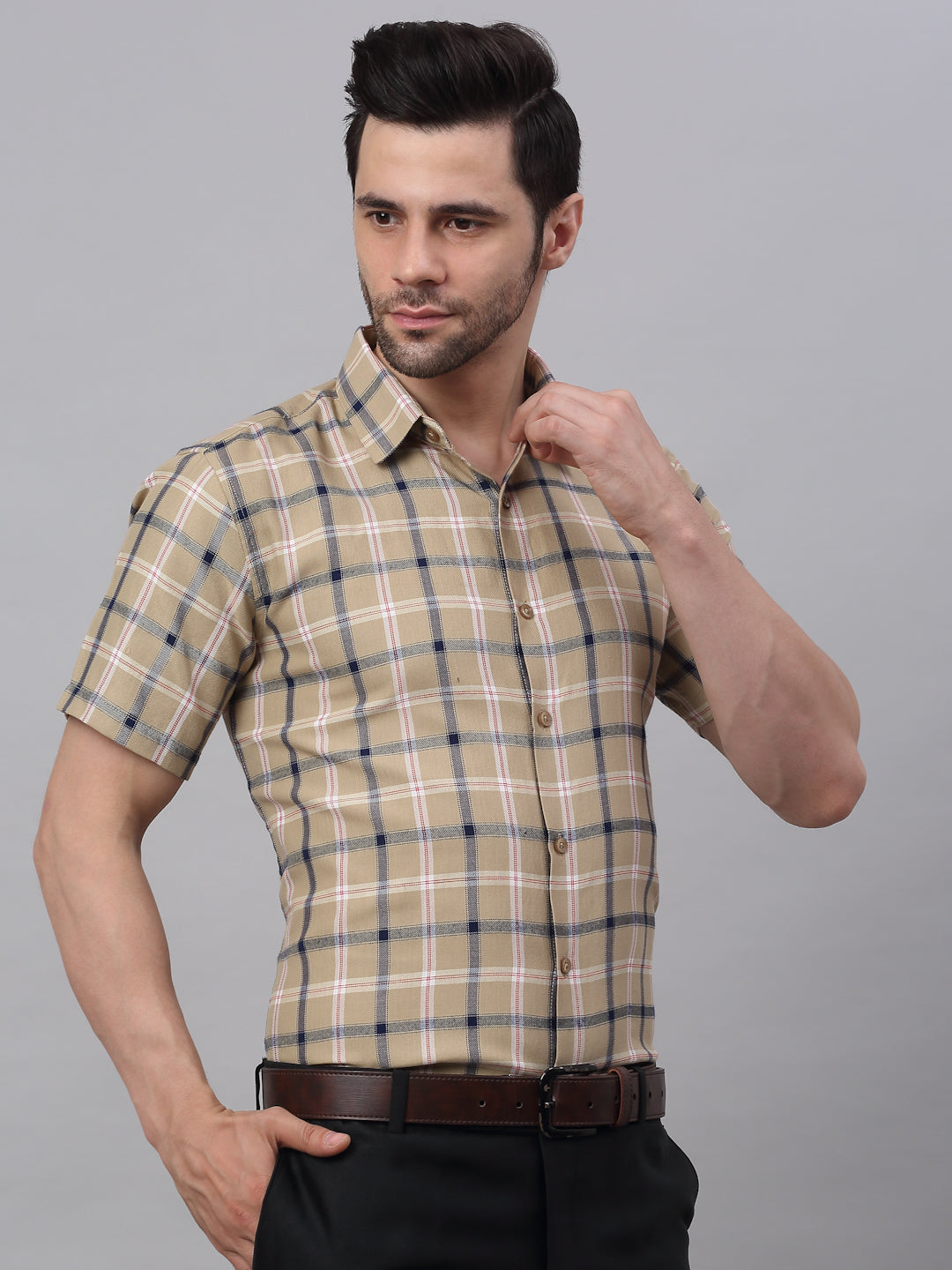 Jainish Men's Beige Half Sleeve Checked Formal Shirt | Grocsy