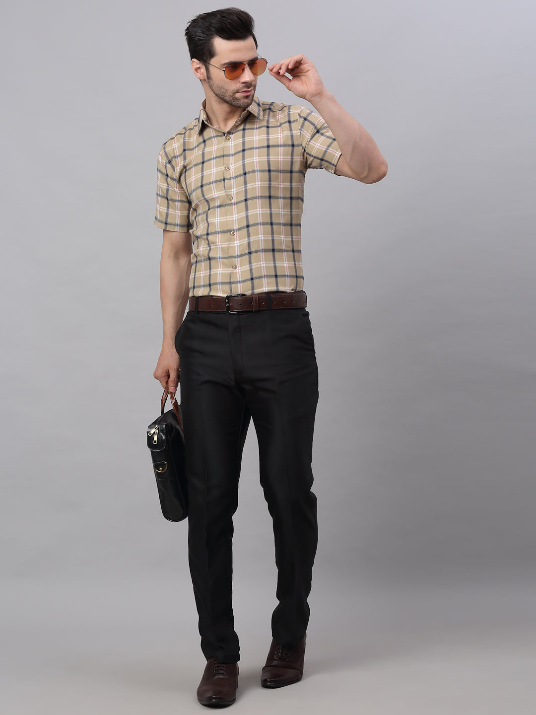 Jainish Men's Beige Half Sleeve Checked Formal Shirt | Grocsy