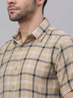 Jainish Men's Beige Half Sleeve Checked Formal Shirt | Grocsy