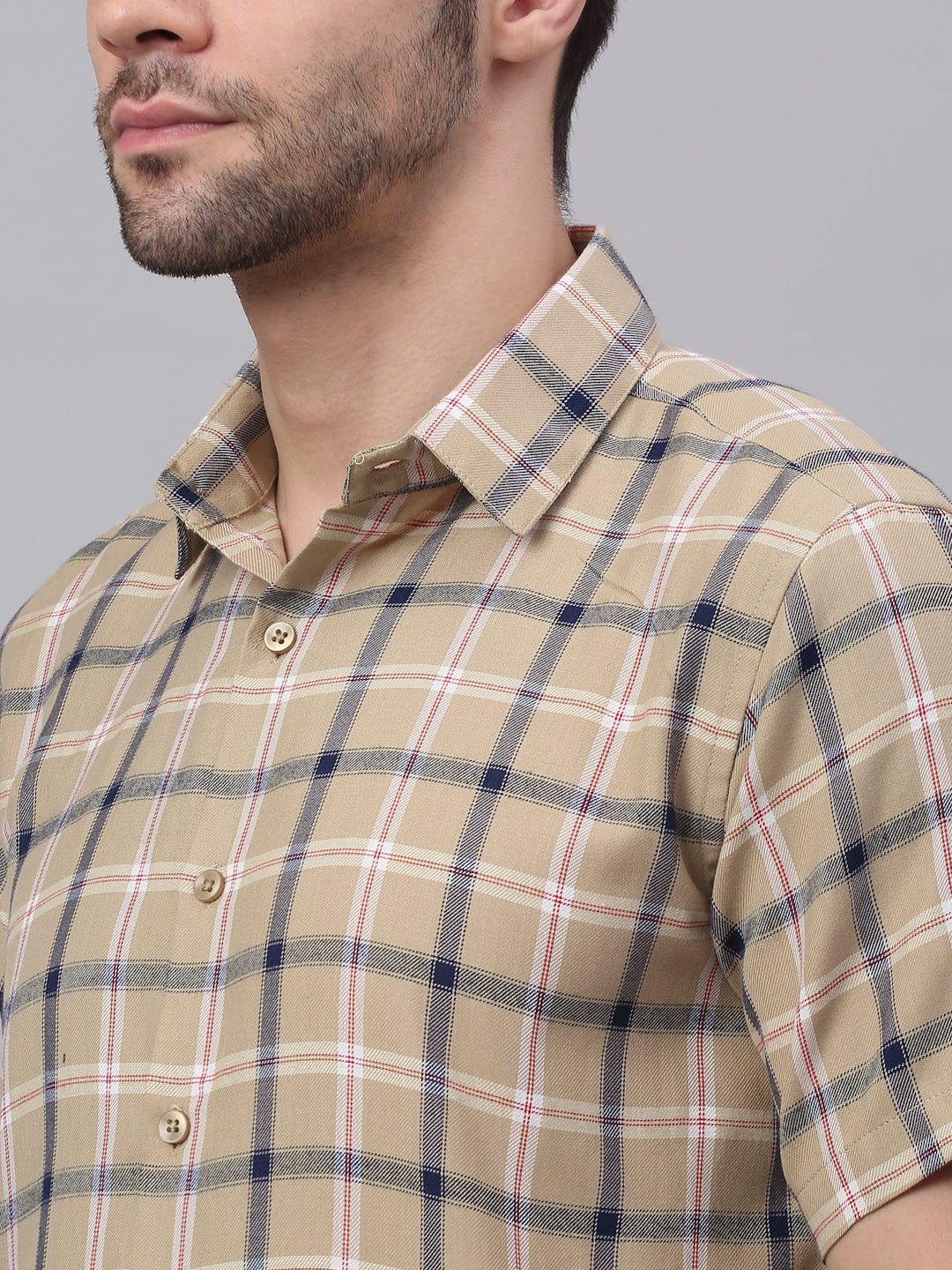 Jainish Men's Beige Half Sleeve Checked Formal Shirt | Grocsy