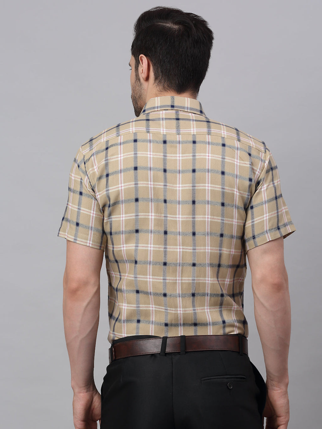 Jainish Men's Beige Half Sleeve Checked Formal Shirt | Grocsy