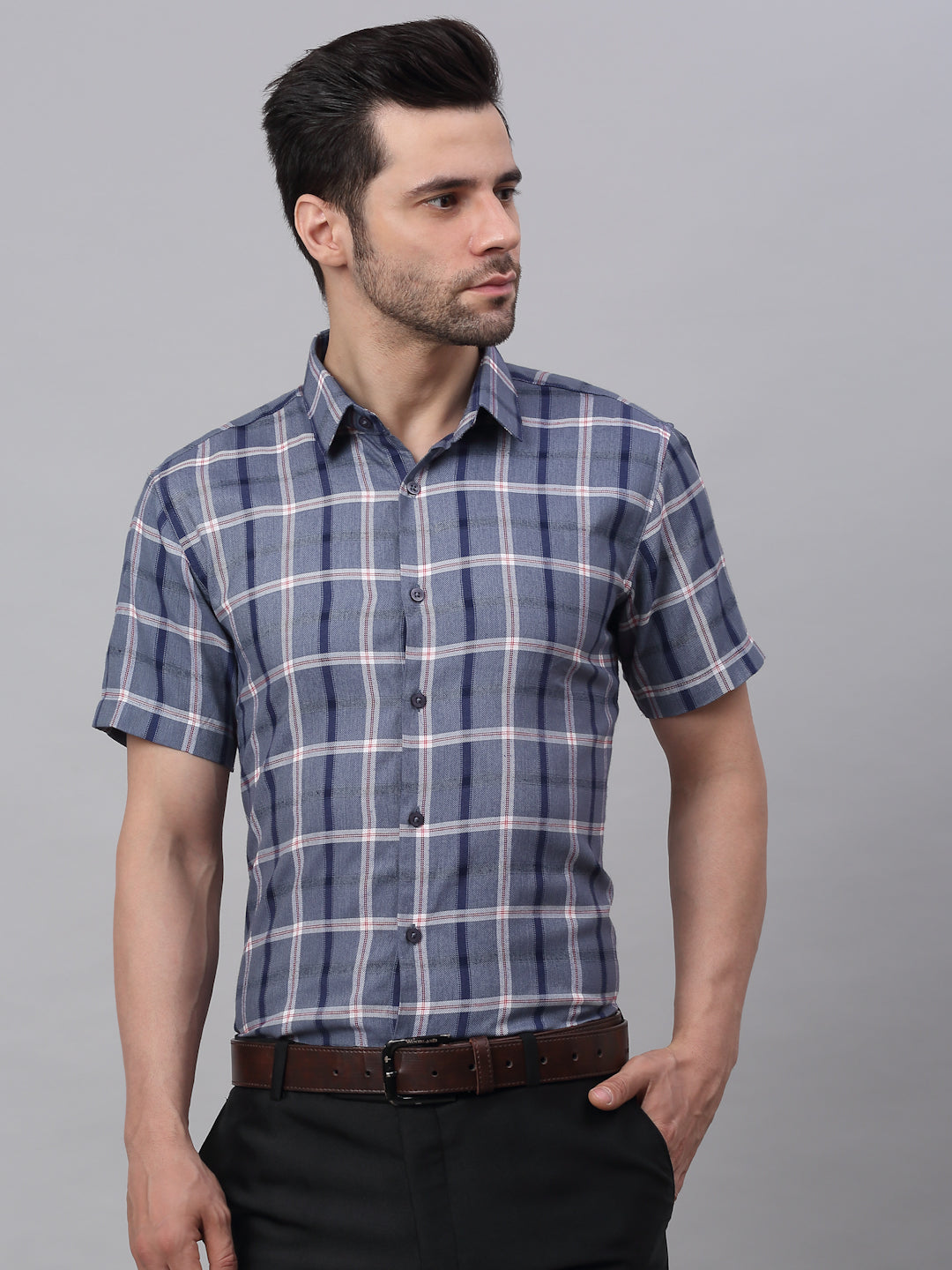 Jainish Men's Grey Half Sleeve Checked Formal Shirt | Grocsy