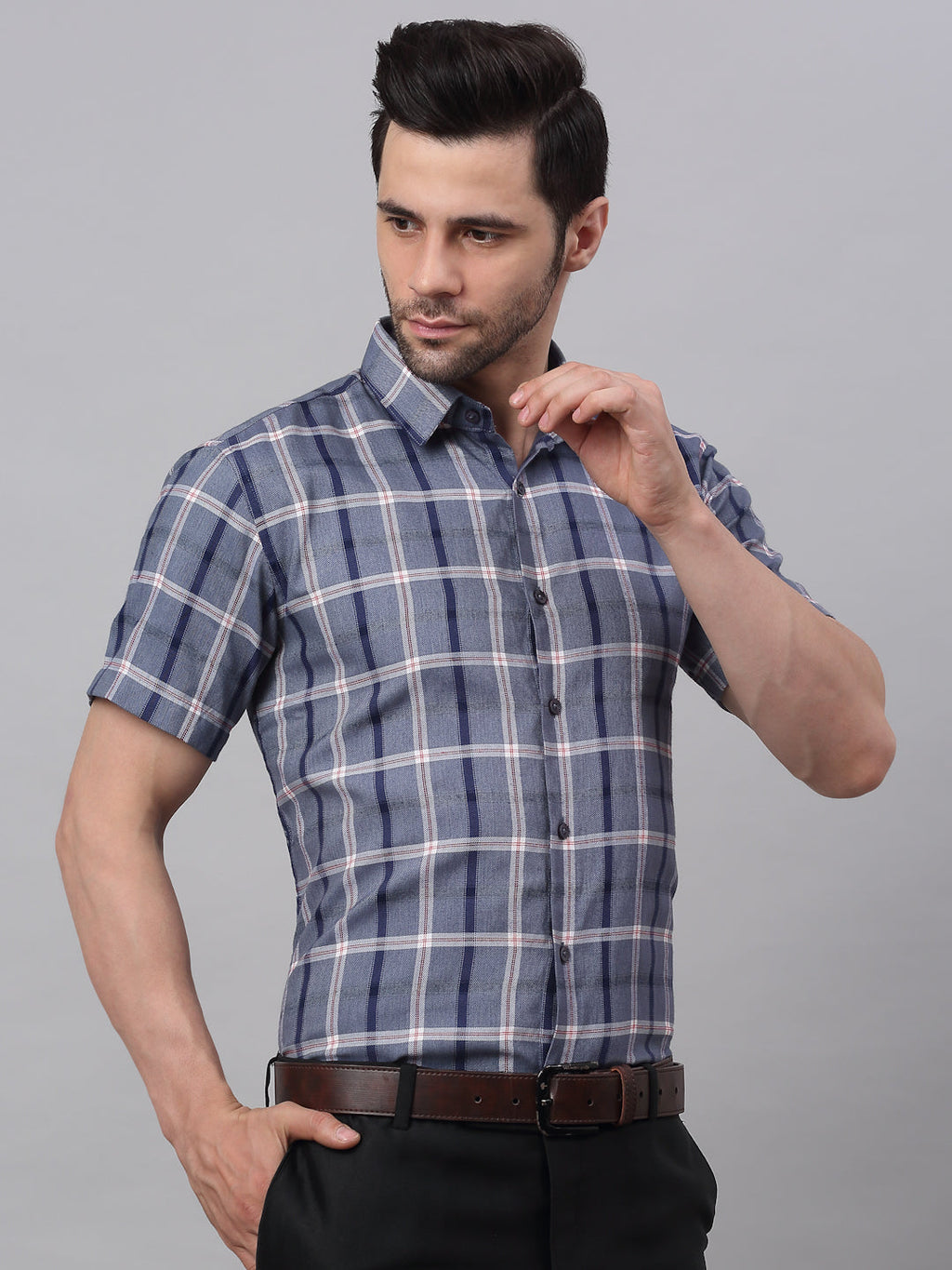 Jainish Men's Grey Half Sleeve Checked Formal Shirt | Grocsy