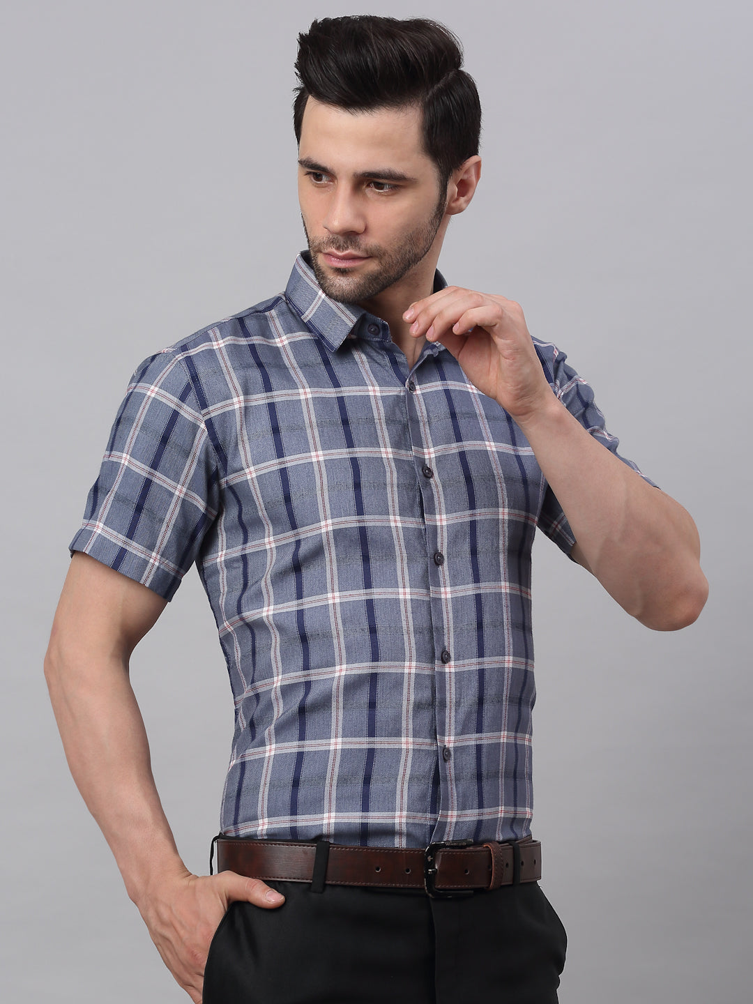 Jainish Men's Grey Half Sleeve Checked Formal Shirt | Grocsy