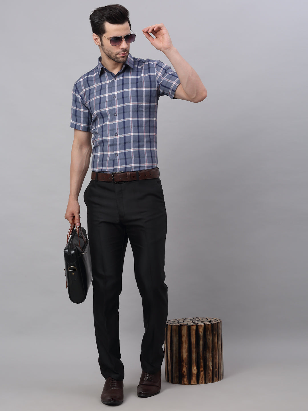 Jainish Men's Grey Half Sleeve Checked Formal Shirt | Grocsy