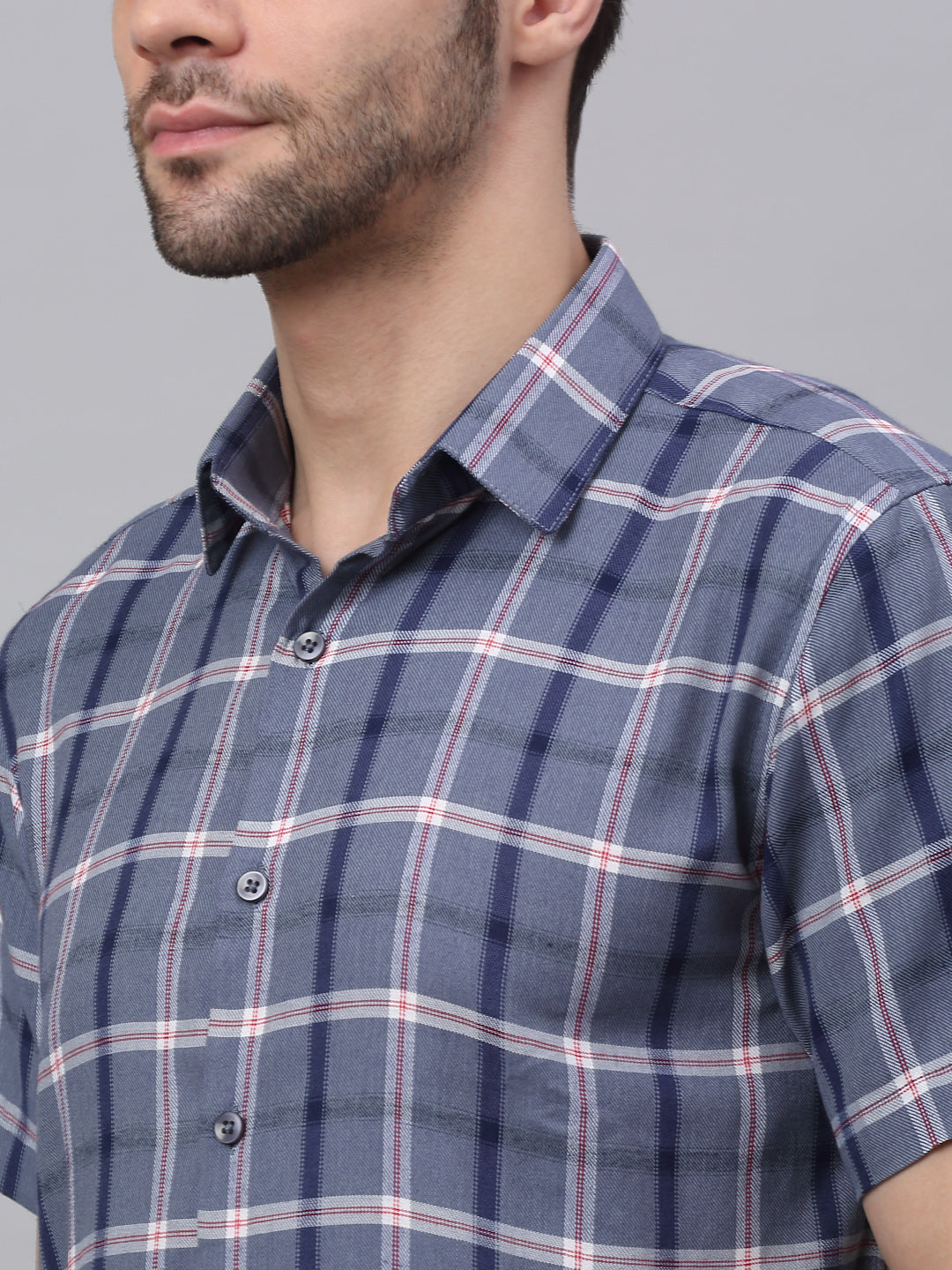 Jainish Men's Grey Half Sleeve Checked Formal Shirt | Grocsy